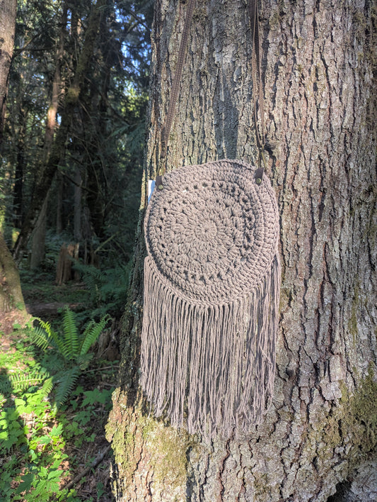 Boho Crochet Purse - Sand with green floral lining