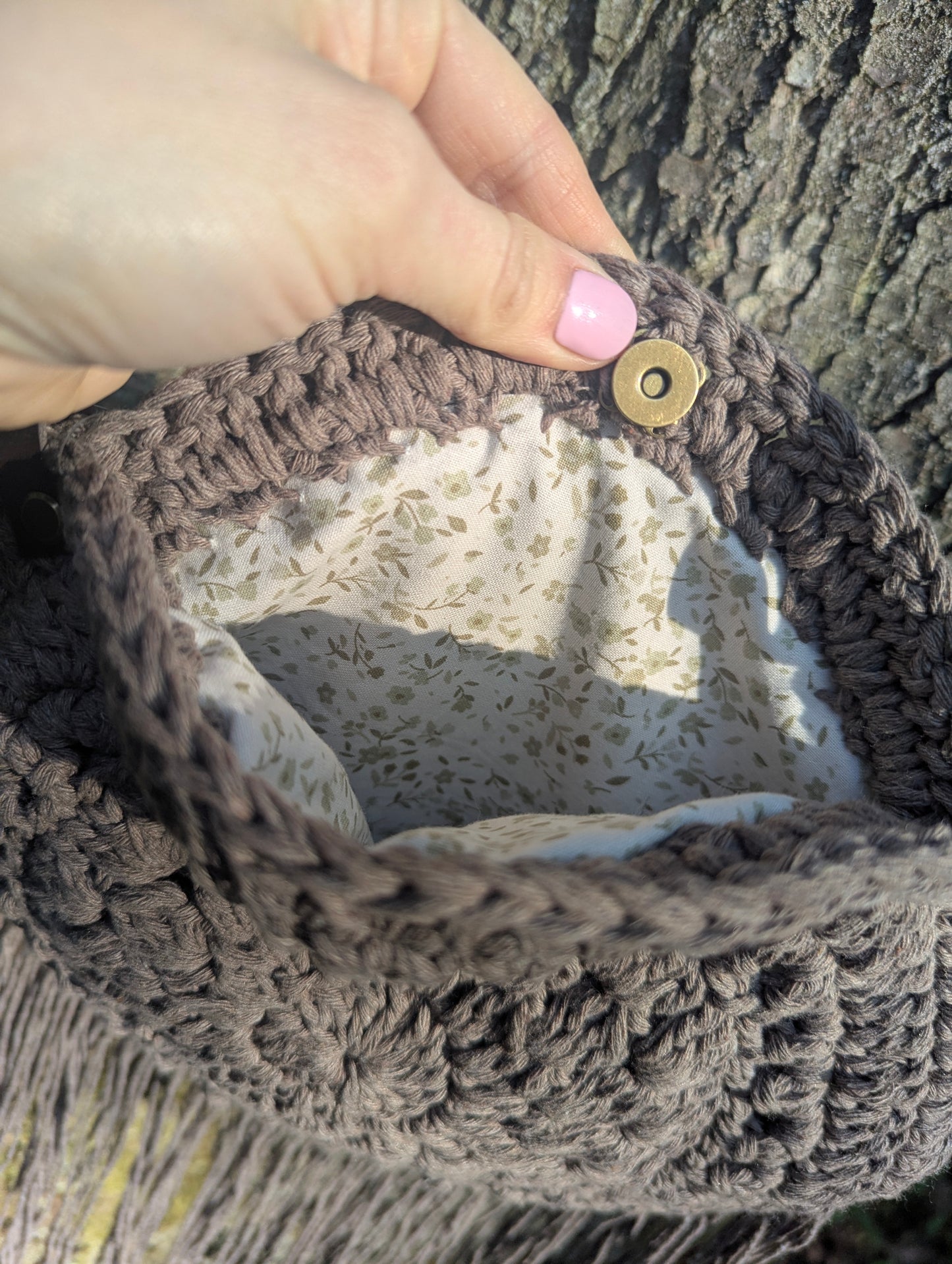 Boho Crochet Purse - Sand with green floral lining