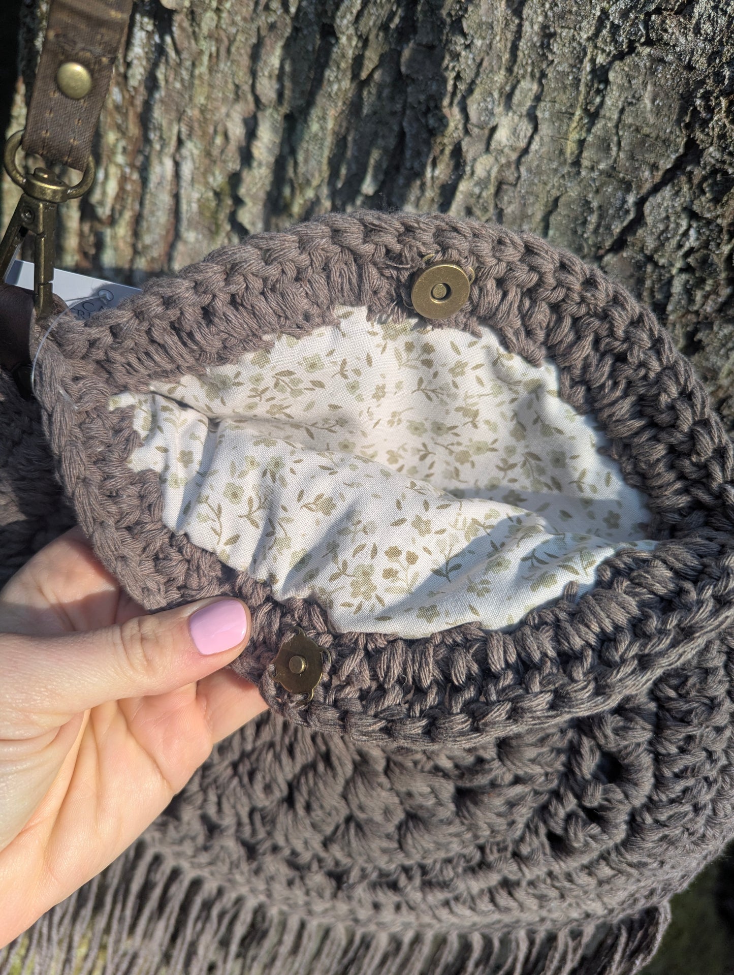Boho Crochet Purse - Sand with green floral lining