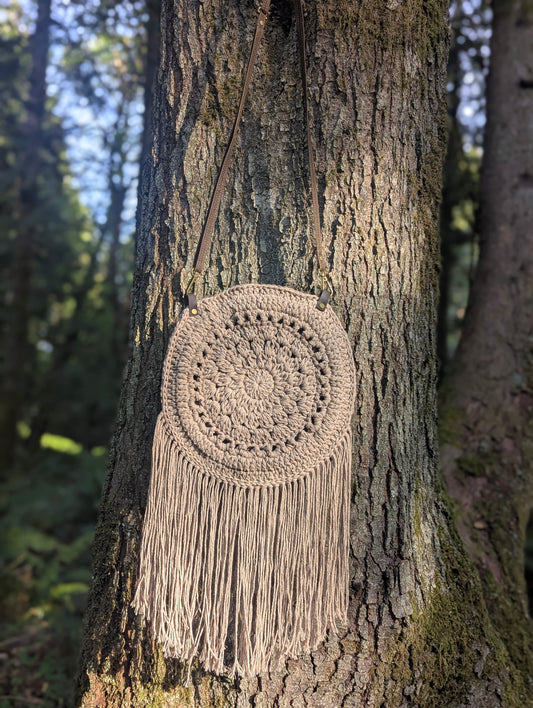 Boho Crochet Purse - Beige with purple lining