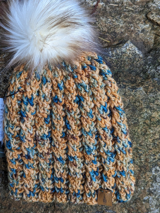 Crossvine Cable Beanie- Hand dyed oranges and blues