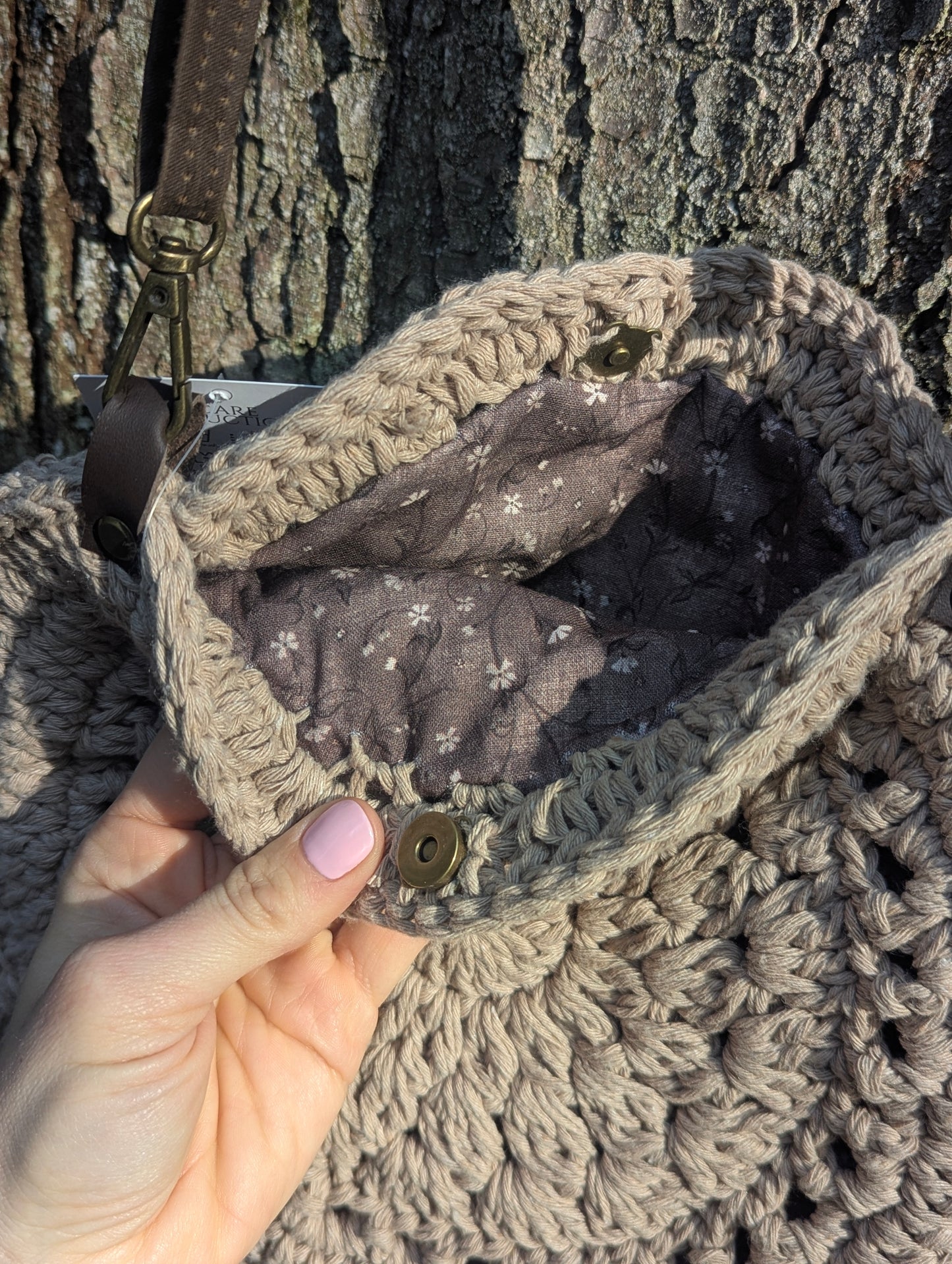 Boho Crochet Purse - Beige with purple lining